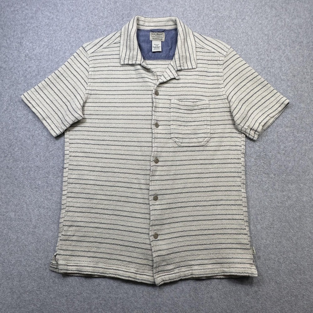 LL Bean Camp Shirt Mens Small Beige Stripe Short Sleeve Loop Collar Waffle Knit
